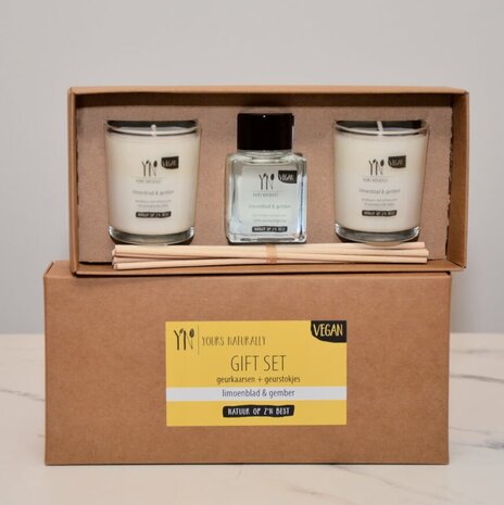 Yours Naturally: giftset: geurkaarsen + geurstokjes - Limoenblad en gember