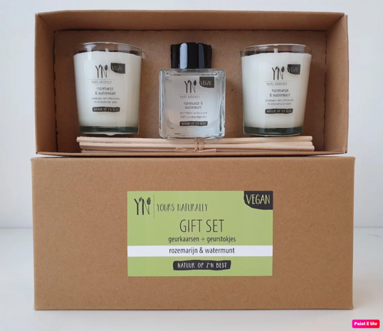 Yours Naturally: giftset: geurkaarsen + geurstokjes - rozemarijn en watermunt